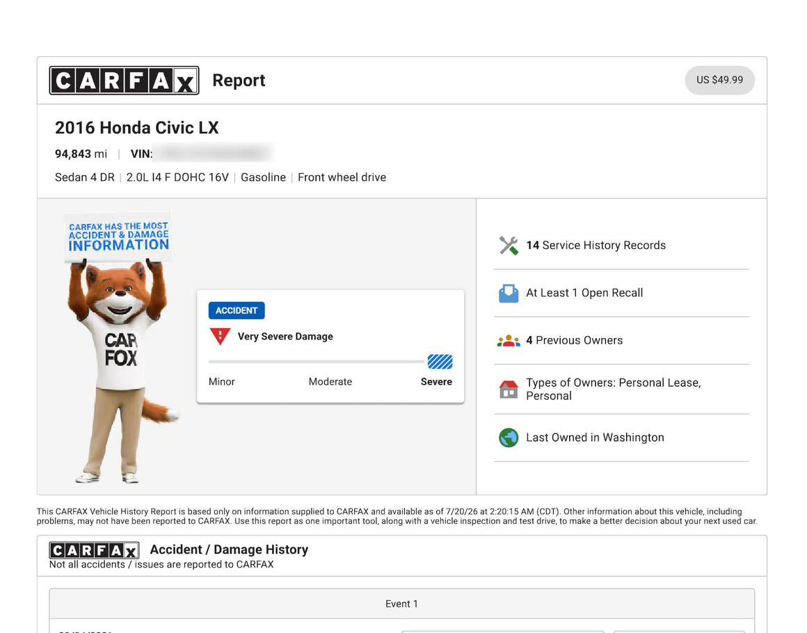 Sample CARFAX vehicle history report — 2016 Honda Civic, Accident reported (VIN blurred)